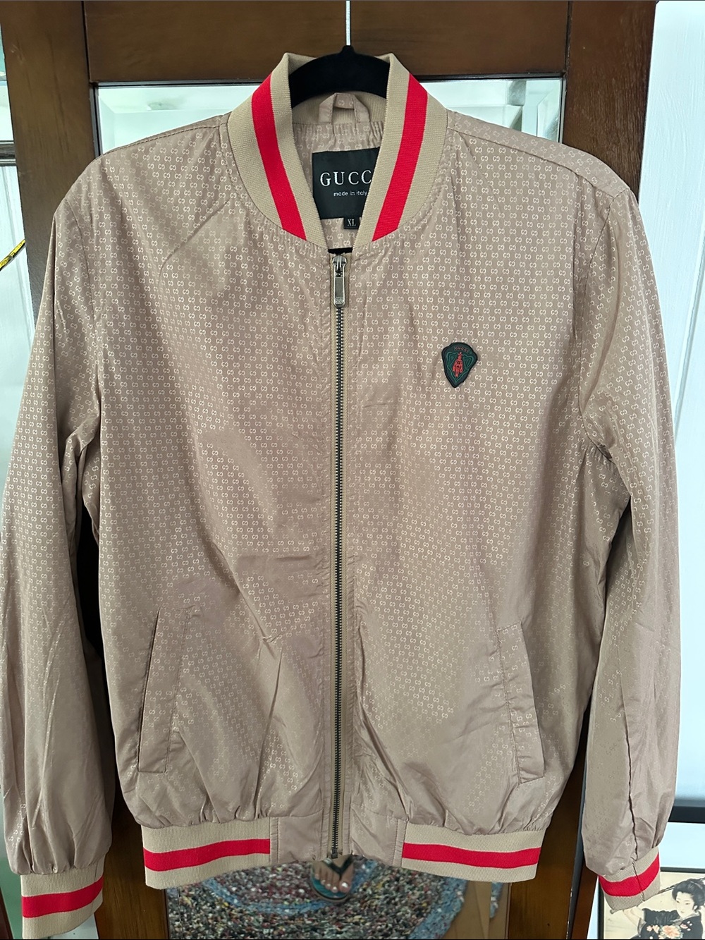 Gucci Beige Bomber Jacket with Red Trim